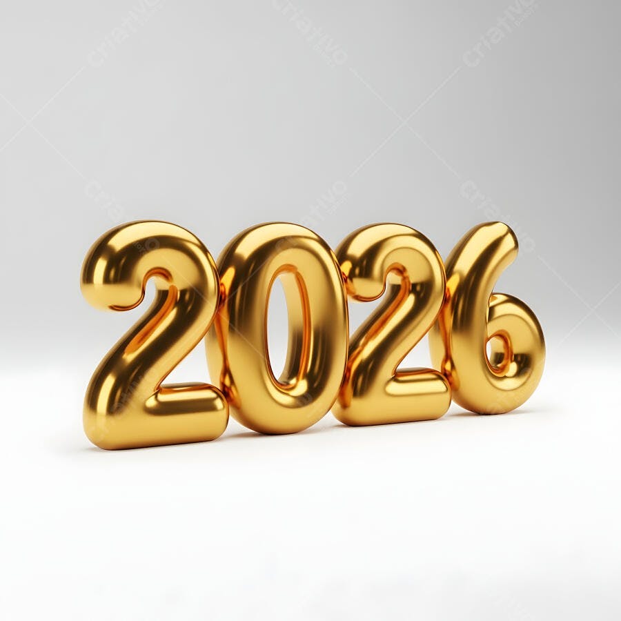 Ano 2026 dourado em 3D sobre fundo claro para celebração e futuro