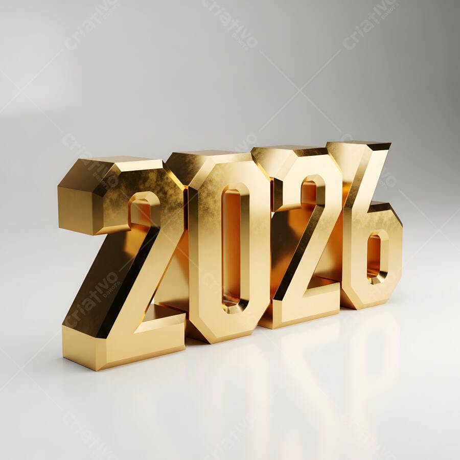 Ano 2026 dourado em 3D brilhante para celebrações e projetos futuros