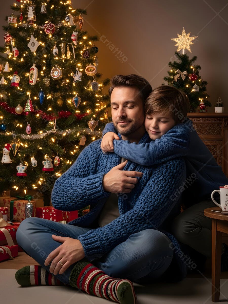 Pai e filho abraçados com suéteres azuis ao lado da árvore de Natal iluminada