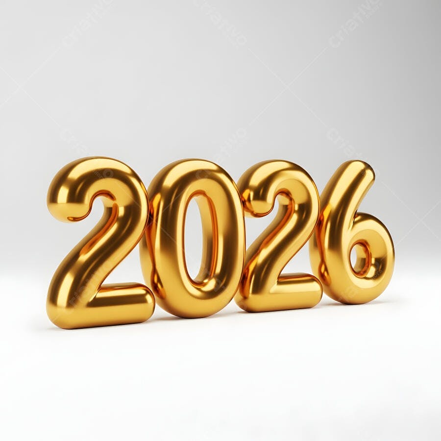 Algarismo 2026 dourado brilhante em fundo branco festa de ano novo