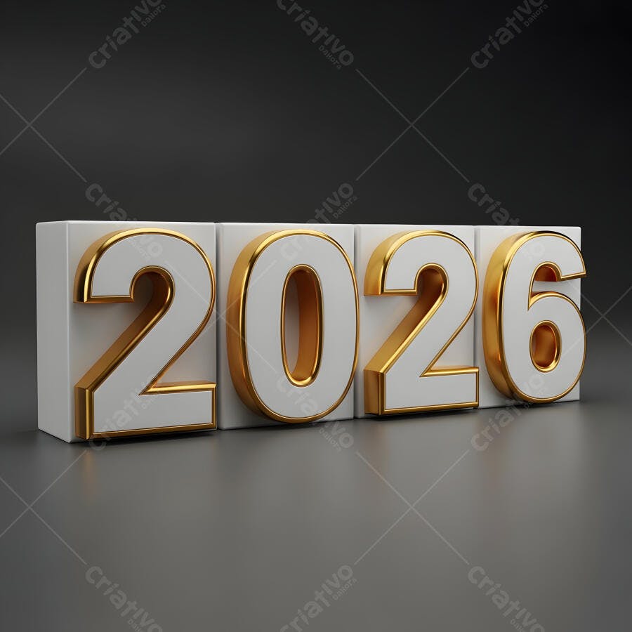Ano 2026 em numeros 3D brancos e dourados sobre fundo escuro
