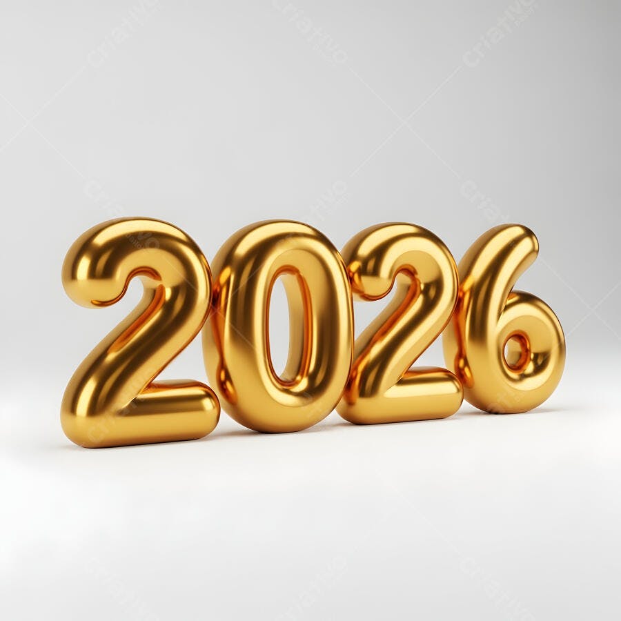 Números dourados 2026 3D em fundo branco para celebração e ano novo
