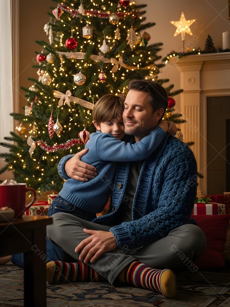 Pai e filho se abraçando carinhosamente em sala de estar decorada para o Natal