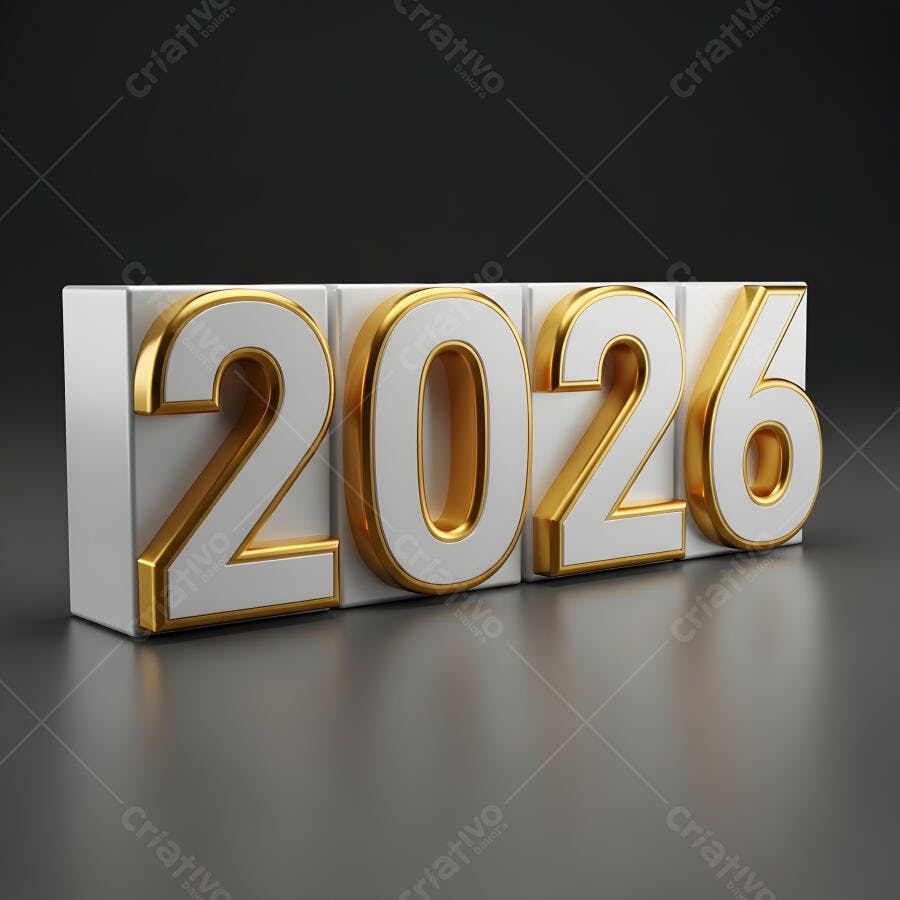 Ano 2026 em 3D branco e dourado sobre fundo escuro
