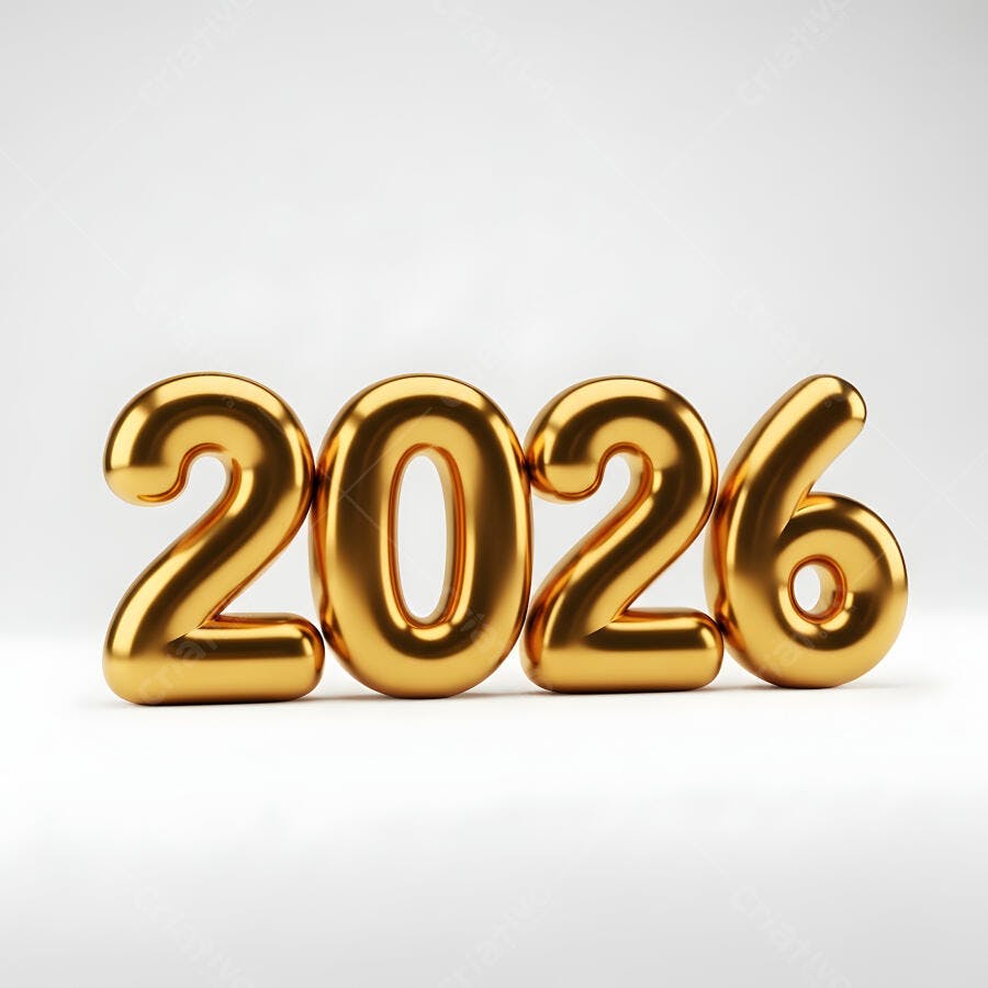 Ano 2026 em números dourados 3D sobre fundo branco puro