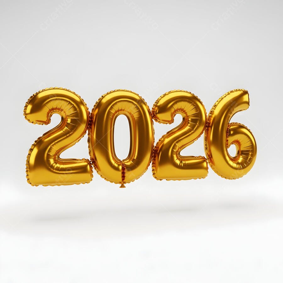 Balões dourados 2026 em fundo branco para celebração e ano novo