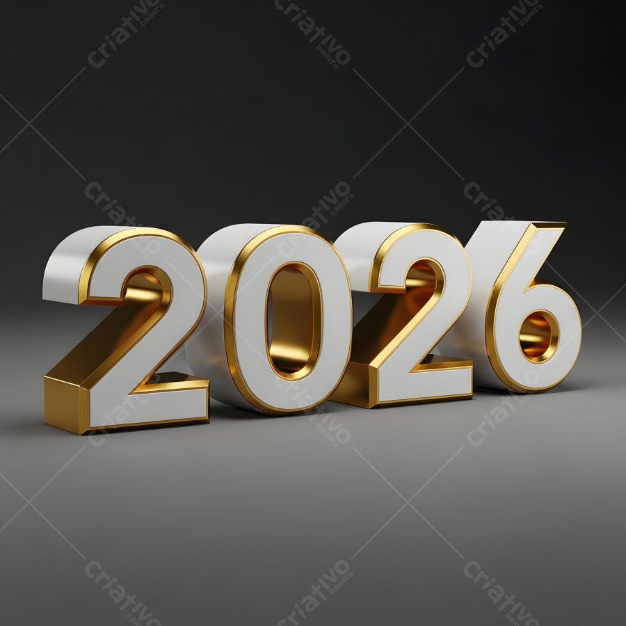 Ano 2026 em 3D dourado e branco sobre fundo escuro para celebração do futuro