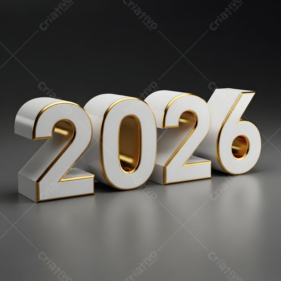 Números 2026 3D brancos e dourados elegantes em fundo cinza escuro