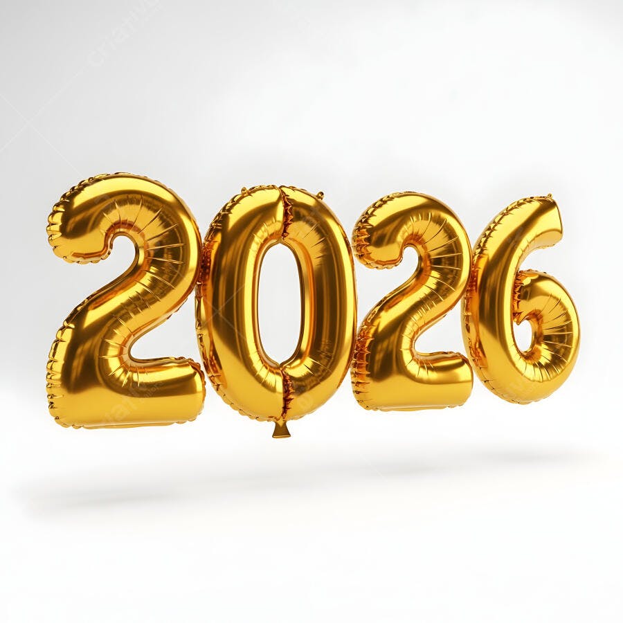 Balões dourados formando o ano 2026 para celebração de ano novo
