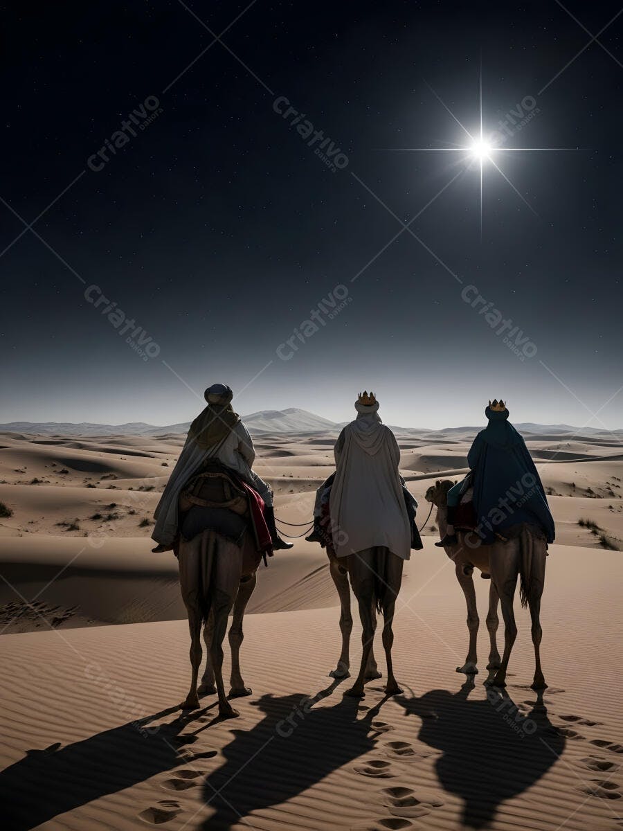 Três Reis Magos viajando de camelo no deserto sob a estrela guia