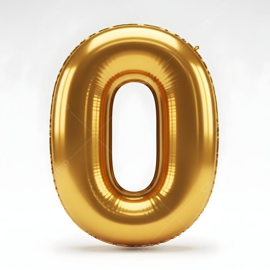 Número zero dourado balão metálico em fundo branco brilhante