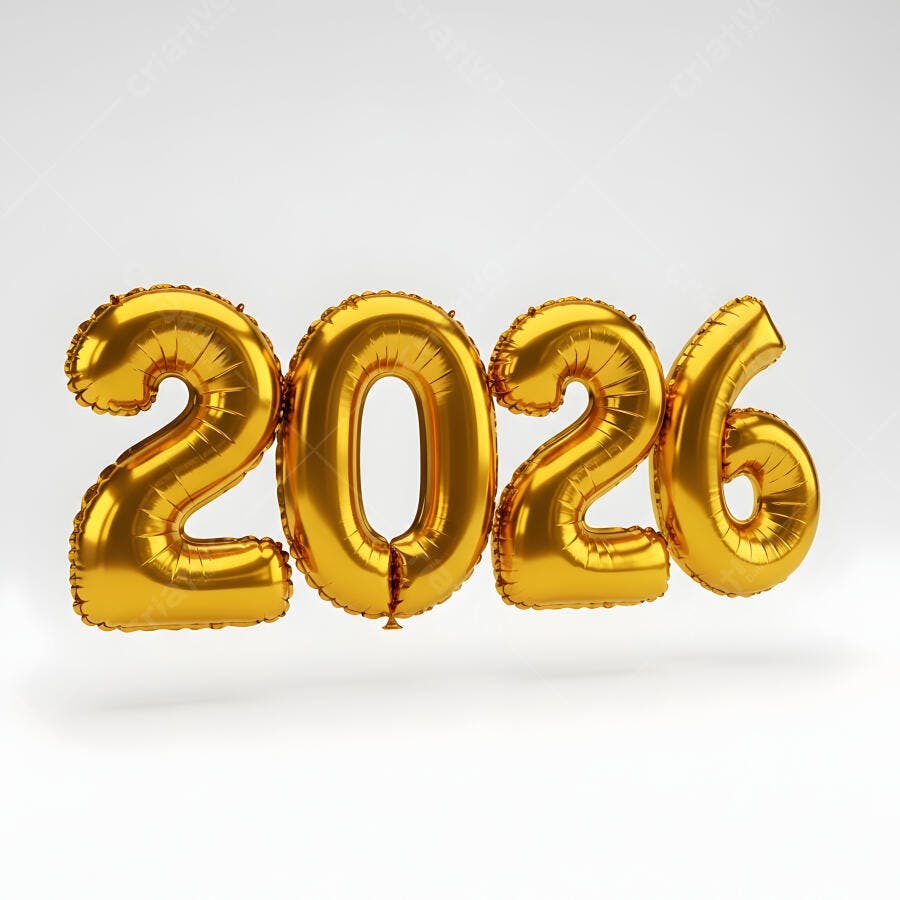 Balões metalizados dourados formando 2026 sobre fundo branco para celebração