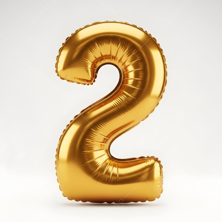 Balão dourado número 2 brilhante em fundo branco para celebrações