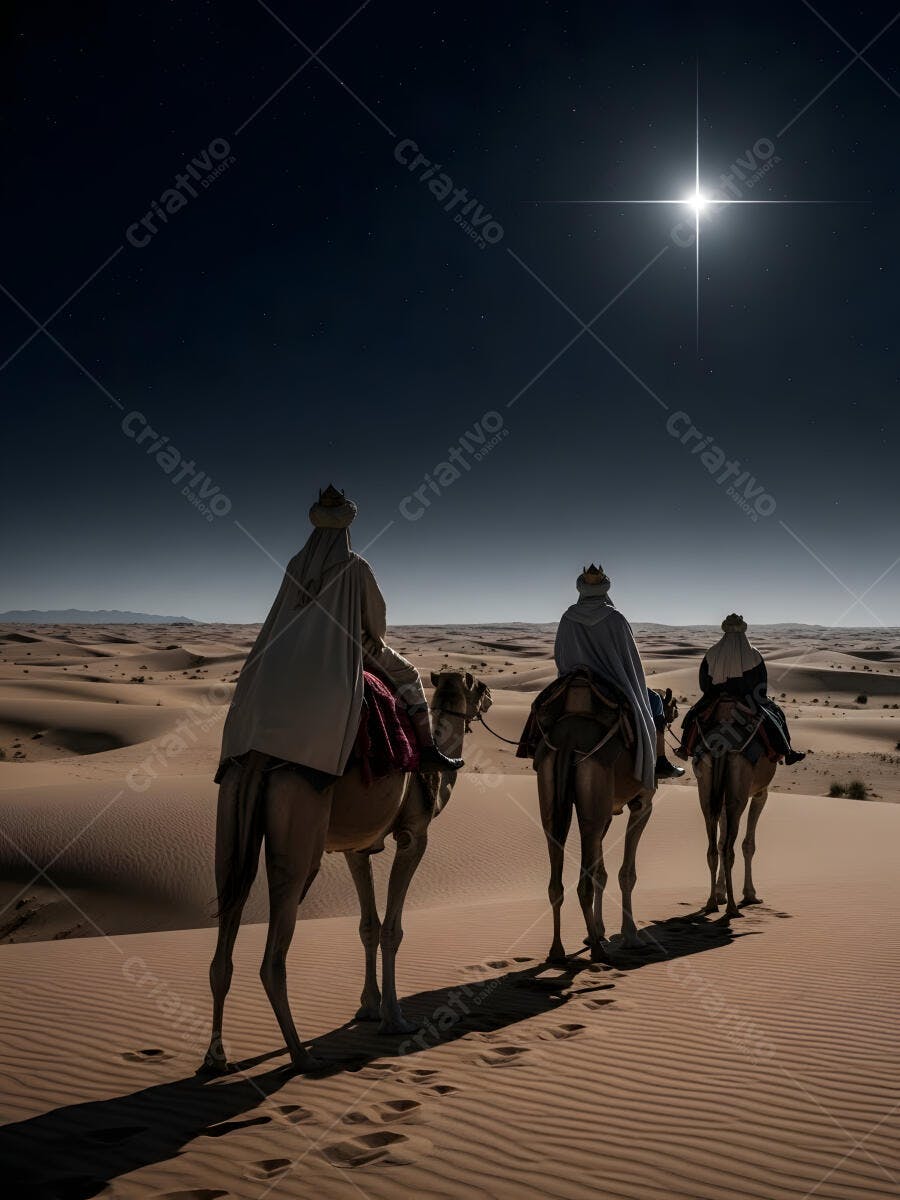 Reis Magos em camelos no deserto noturno sob a Estrela de Belém