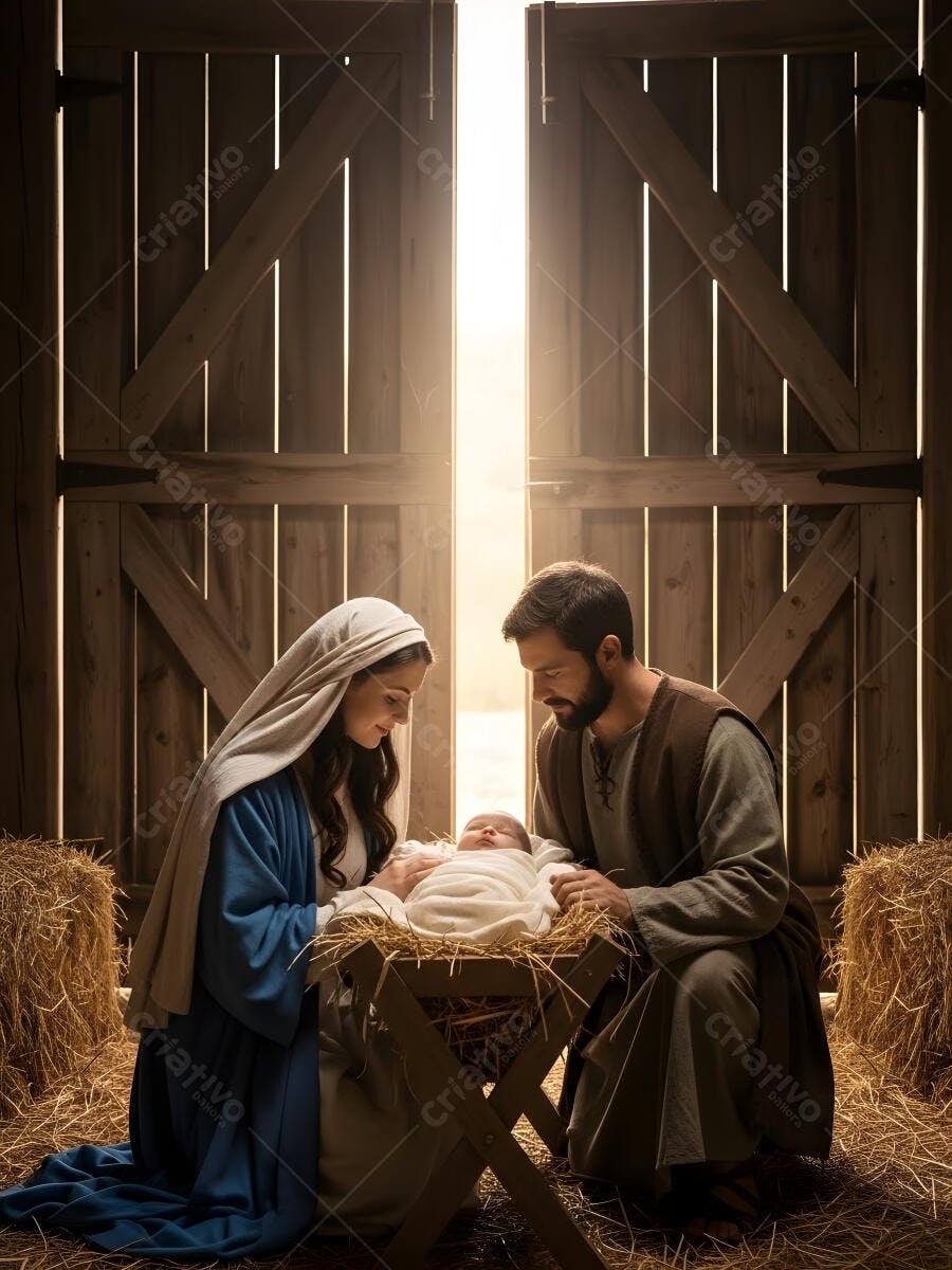 Família sagrada adorando bebê Jesus na manjedoura estábulo luz dourada Natal