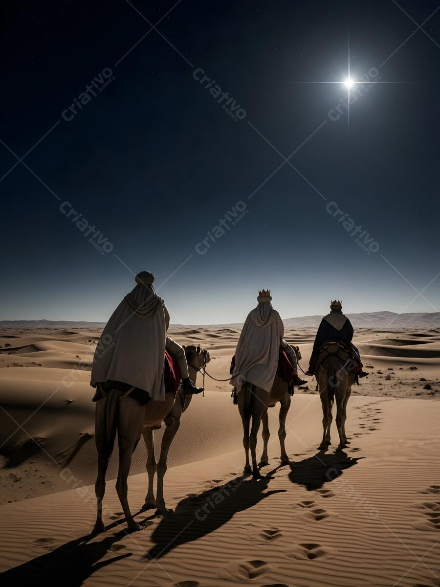 Três Reis Magos em camelos no deserto noturno sob estrela brilhante