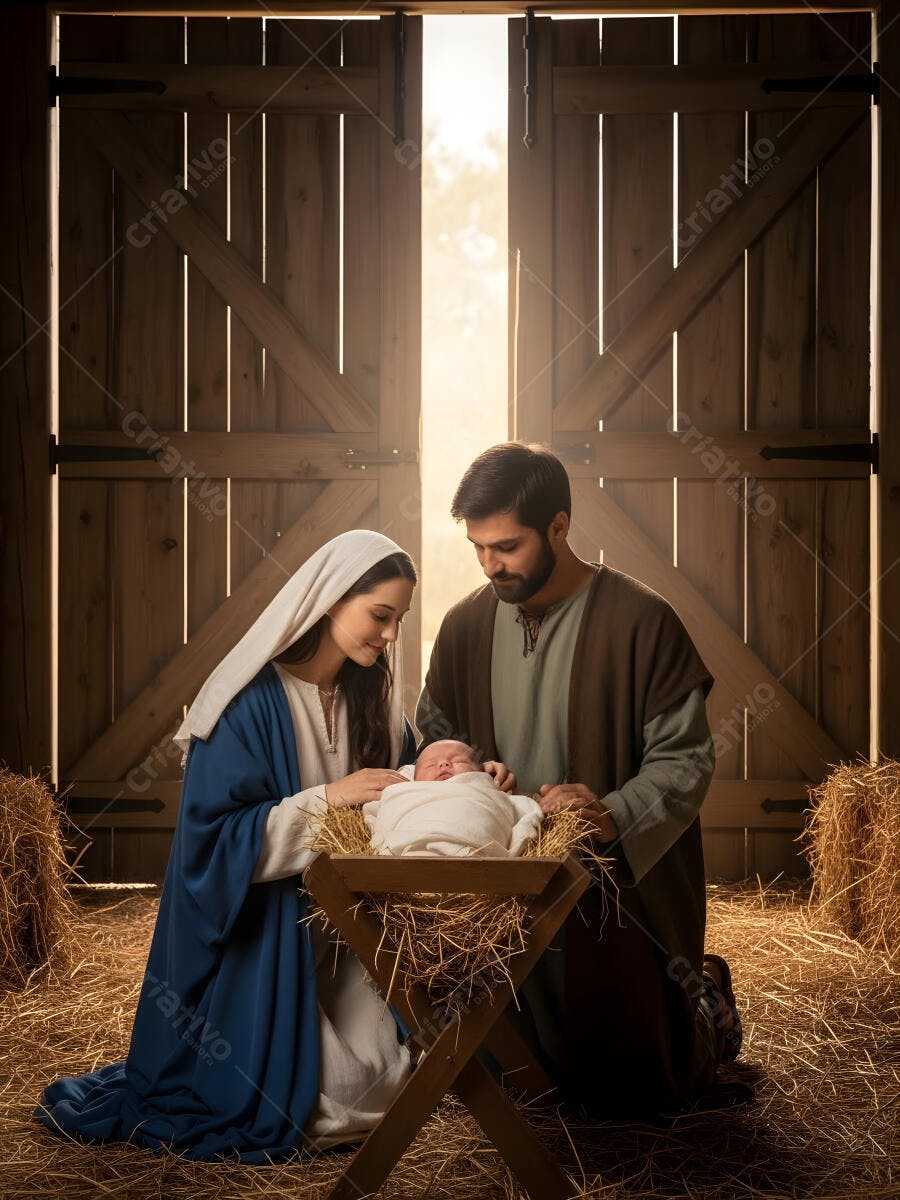 Família sagrada com bebê Jesus na manjedoura em celeiro iluminado