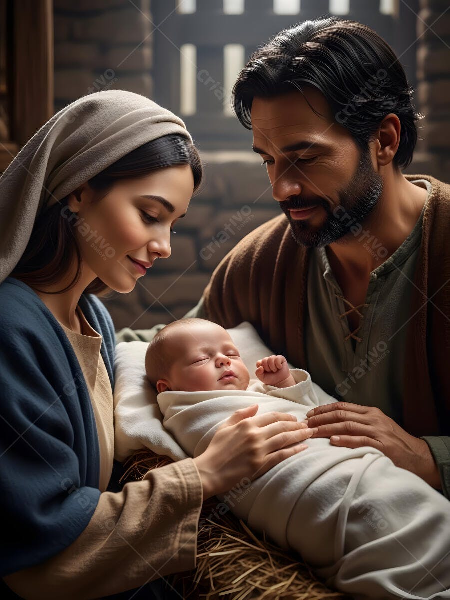 Sagrada Família com Menino Jesus recém-nascido em manjedoura rústica