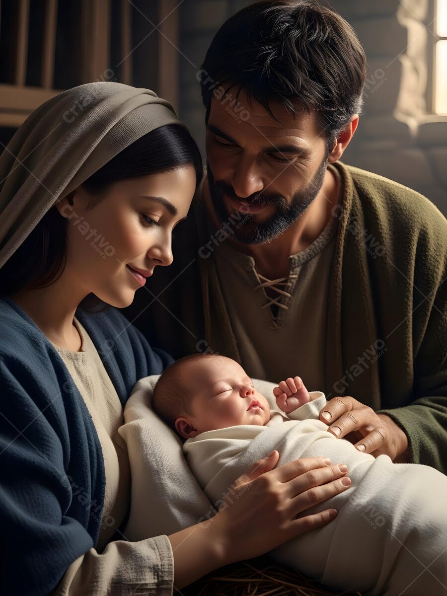 Cena natalina Maria José e menino Jesus recém-nascido em presépio