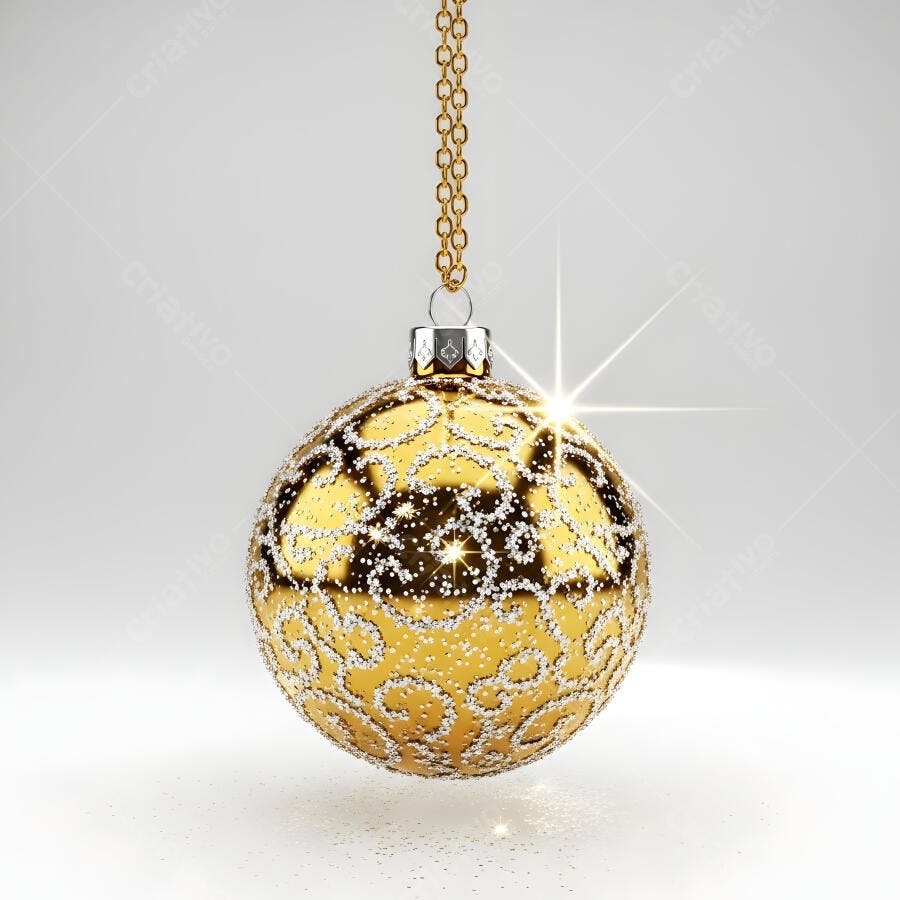 Bola de Natal dourada com glitter pendurada em corrente festiva