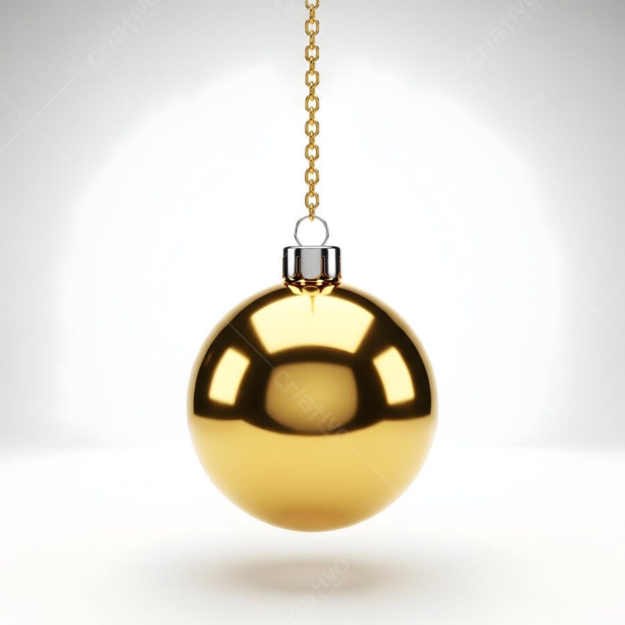 Bola de natal dourada pendurada em corrente metálica fundo branco