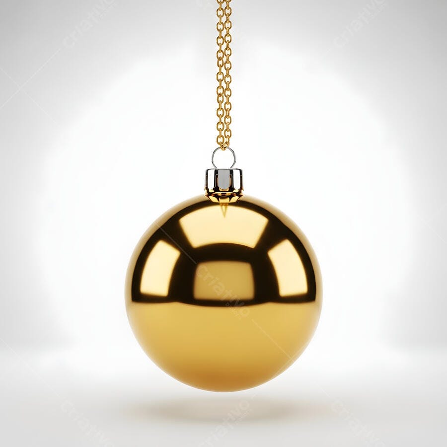 Bola de Natal dourada suspensa em corrente em fundo branco