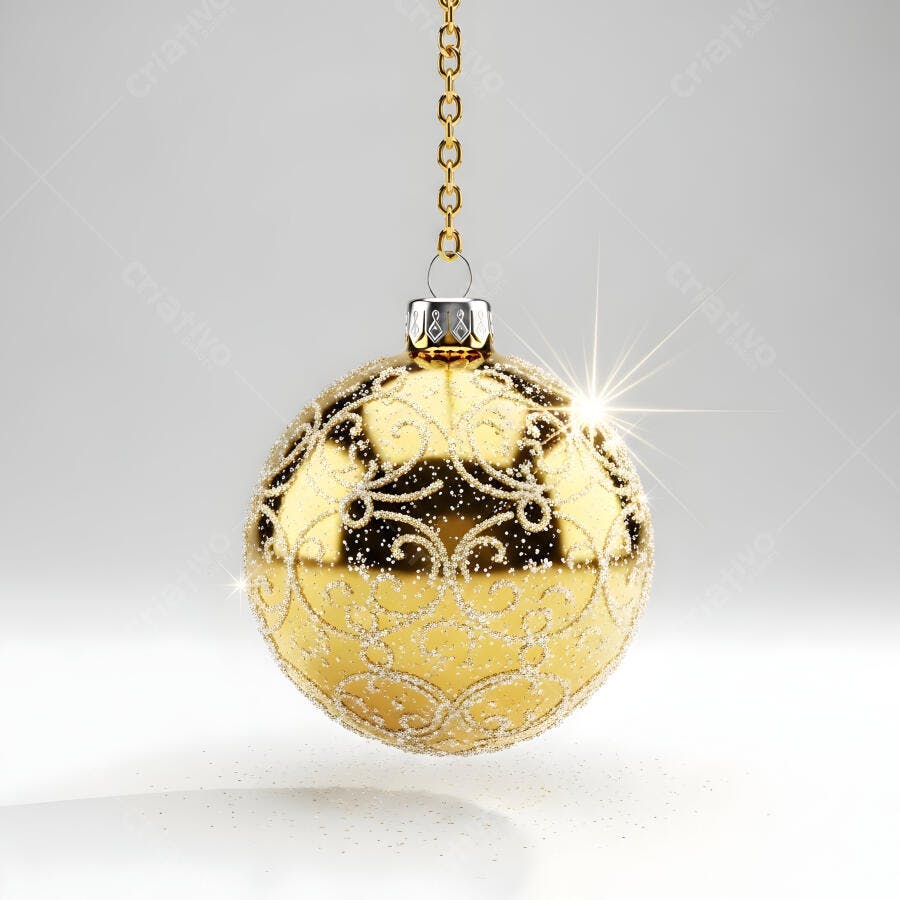 Bola de Natal dourada com glitter e filigrana brilhando em fundo branco