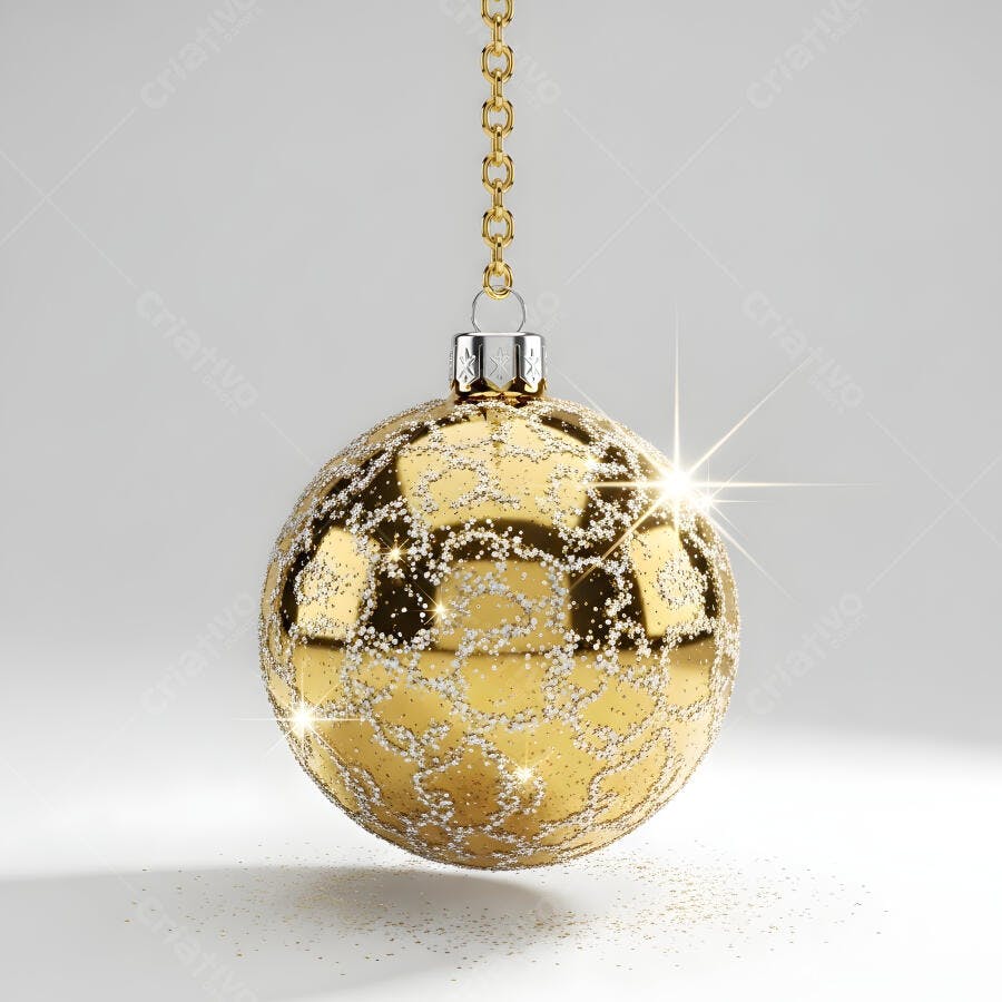 Bola de Natal dourada com glitter e corrente em estúdio
