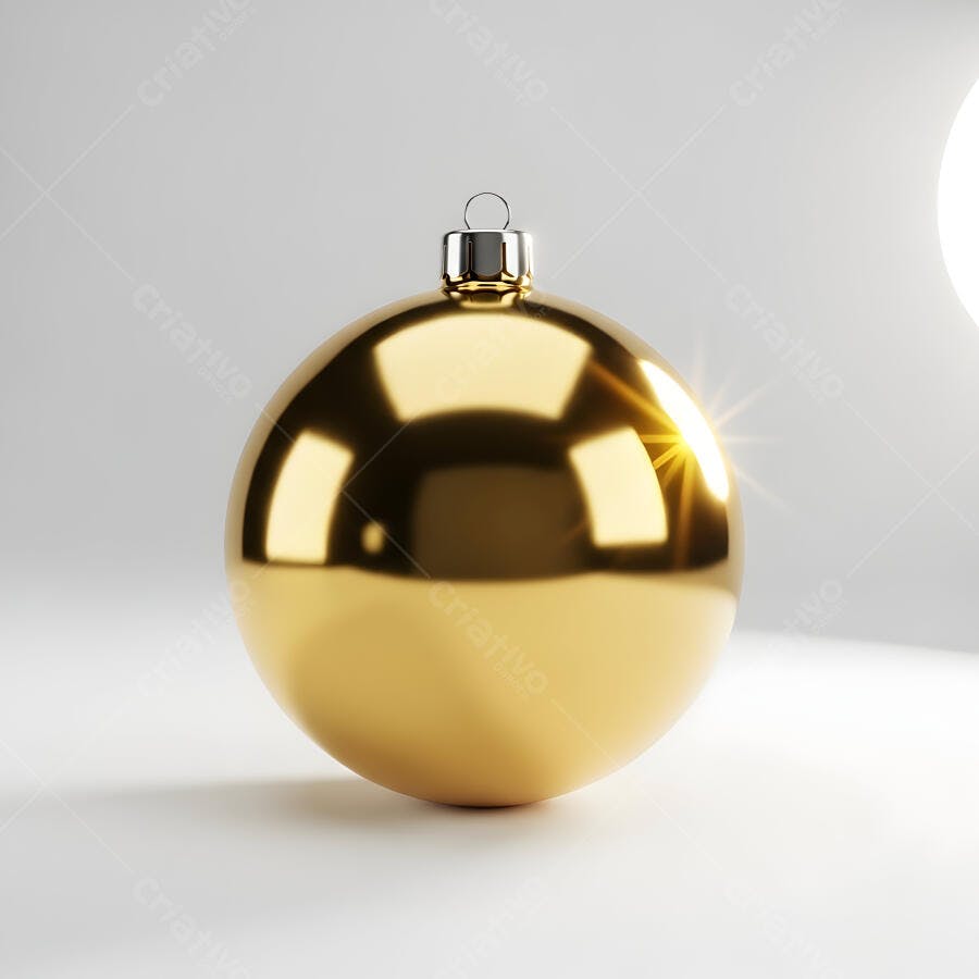 Enfeite de Natal dourado brilhante em fundo branco para festas de fim de ano