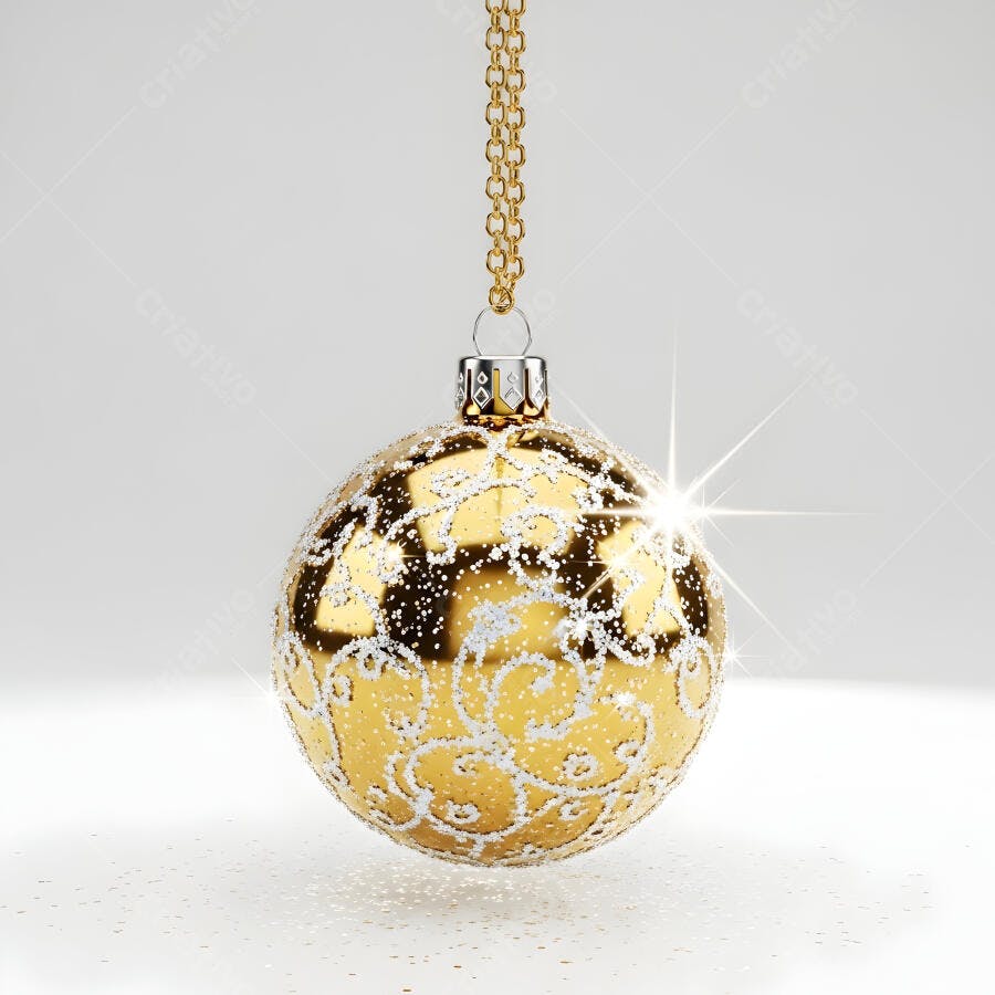 Bola de Natal dourada com glitter branco em fundo claro festivo
