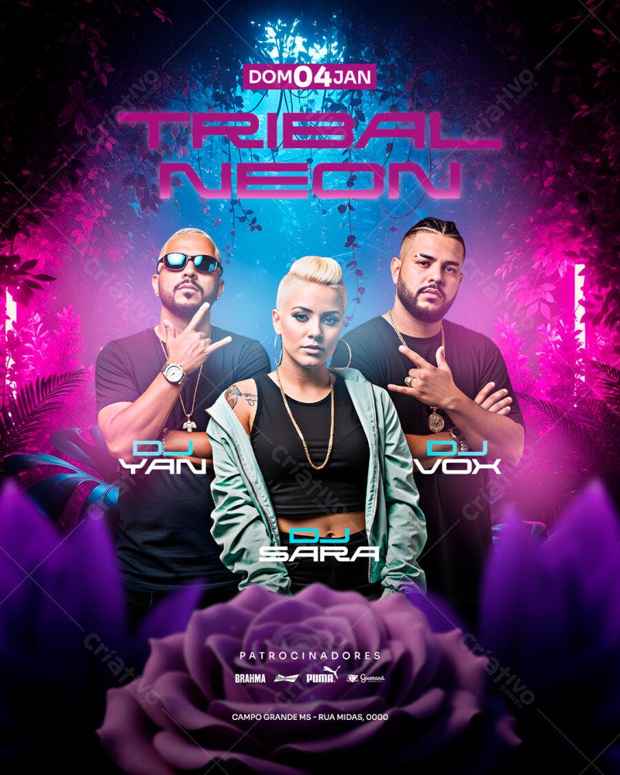 Flyer Balada Tribal Neon com DJs PSD Editável