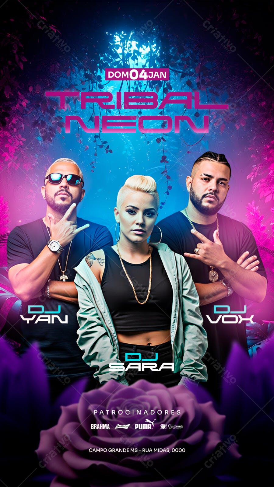 Flyer Festa Tribal Neon com DJs Yan Sara Vox PSD Editável