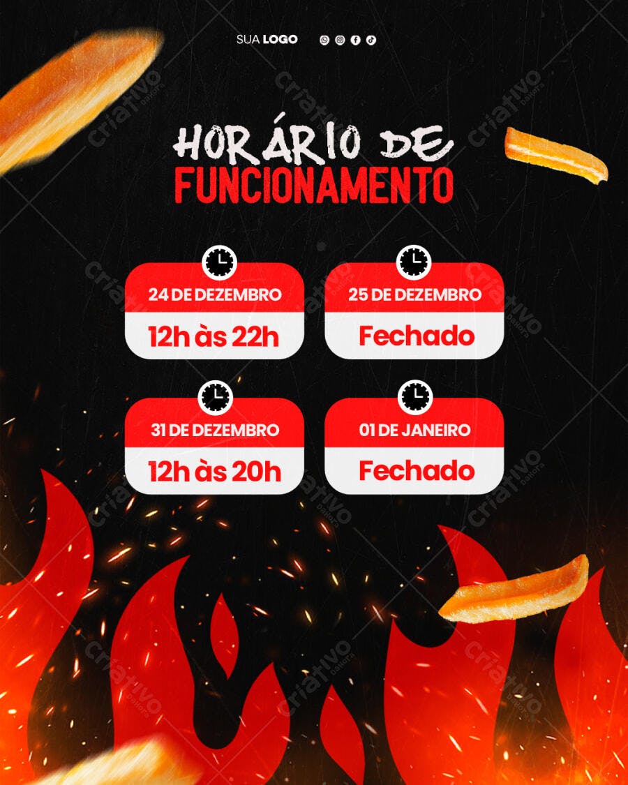 Flyer Horário de Funcionamento Natal e Ano Novo Batata Frita Psd Editável