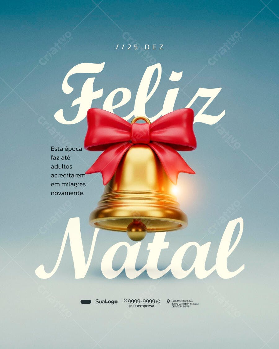 Flyer Feliz Natal com Sino Dourado e Laço Vermelho PSD Editável