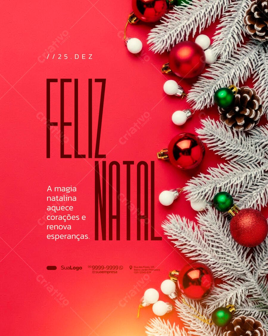 Flyer Feliz Natal Vermelho e Branco com Pinhas PSD Editável