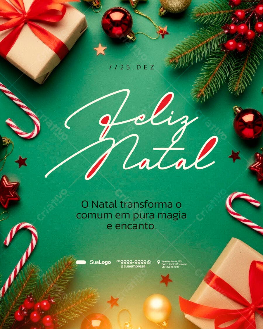 Flyer Feliz Natal com Presentes e Enfeites Clássicos PSD Editável