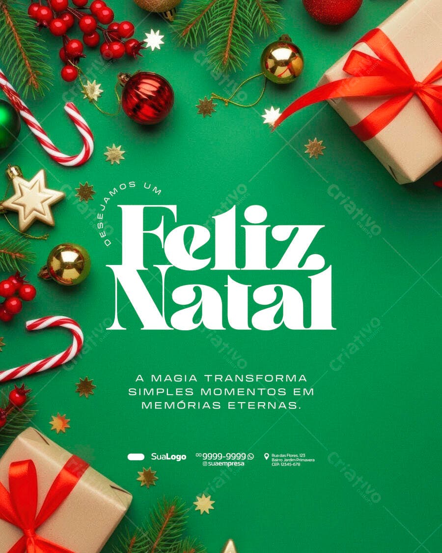 Flyer Feliz Natal Verde com Presentes Dourados PSD Editável