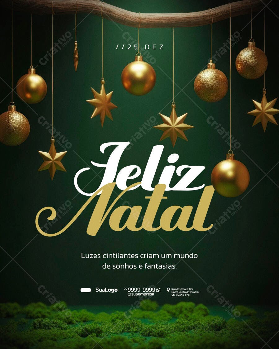 Flyer Natalino com Bolas e Estrelas Douradas PSD Editável