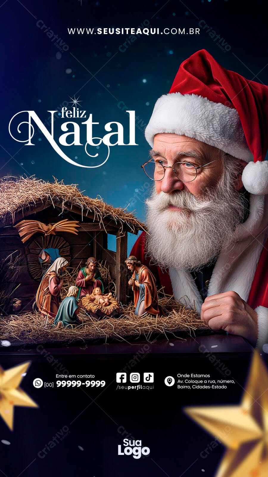 Flyer para Celebração de Natal Papai Noel e Presépio PSD Editável