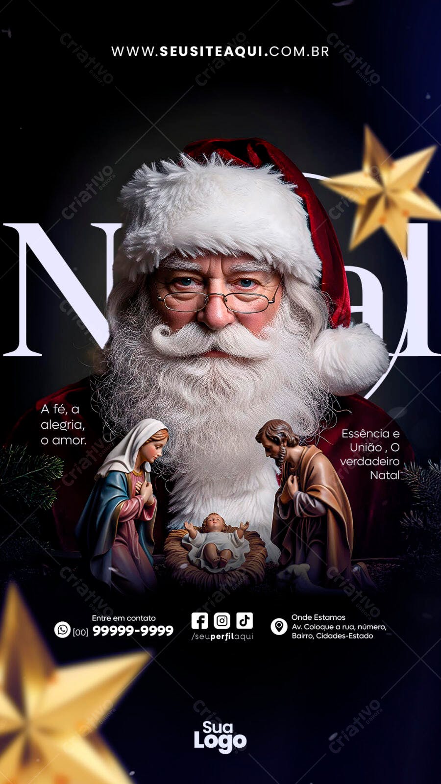 Flyer Natal Essência e União Papai Noel e Presépio PSD Editável