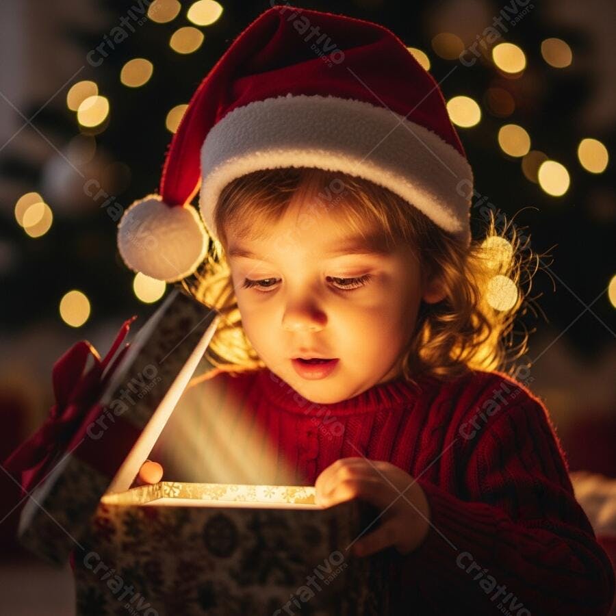 Criança com gorro de Papai Noel abrindo presente mágico no Natal