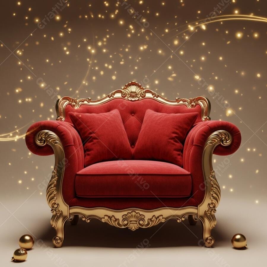 Poltrona luxuosa de veludo vermelho e ouro com brilhos festivos