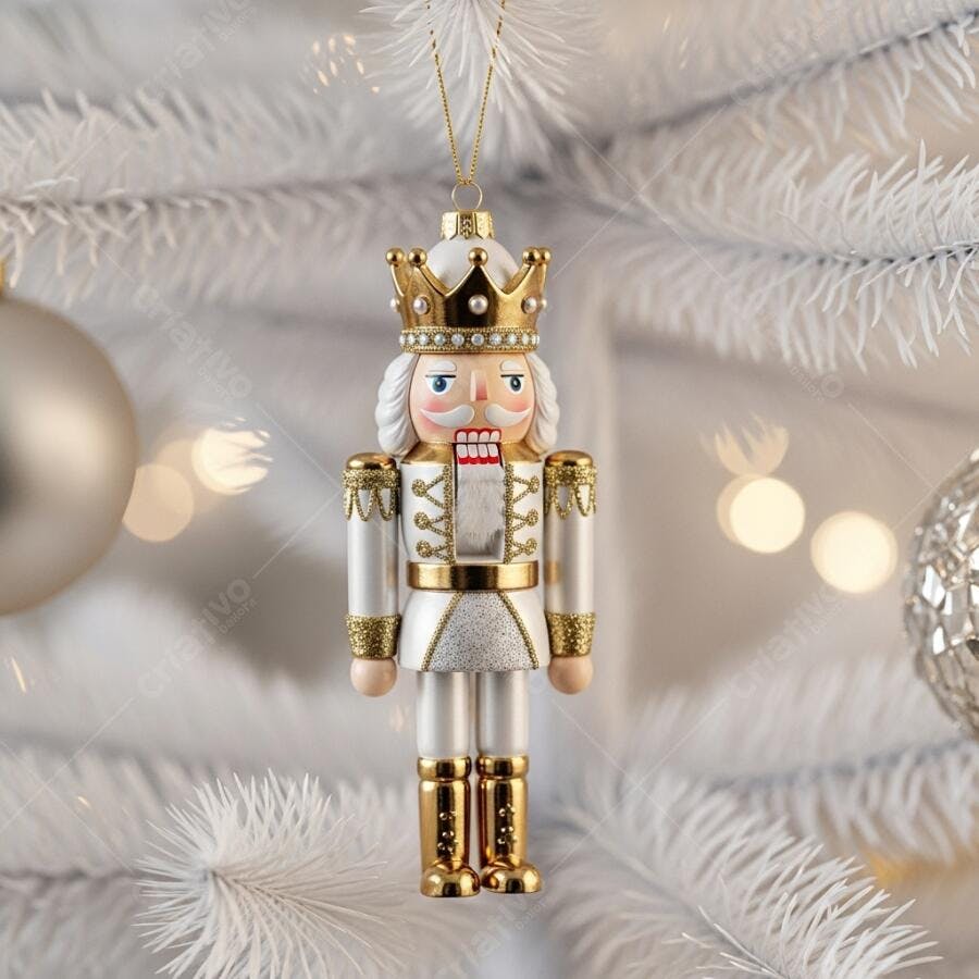 Quebra-nozes dourado e branco enfeite de Natal em árvore branca