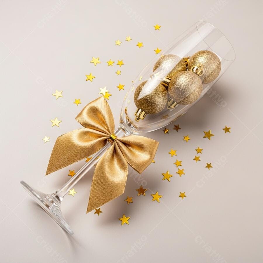 Taça de champanhe dourada com bolas de Natal e laço em fundo festivo