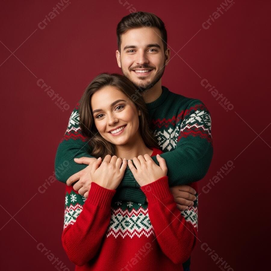 Casal jovem feliz com suéteres natalinos em fundo vermelho