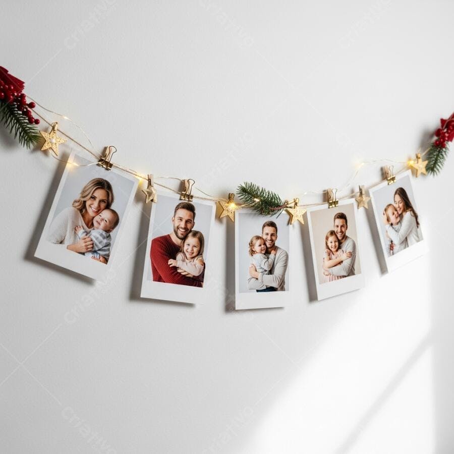 Famílias felizes fotos instantâneas penduradas na parede em guirlanda de Natal