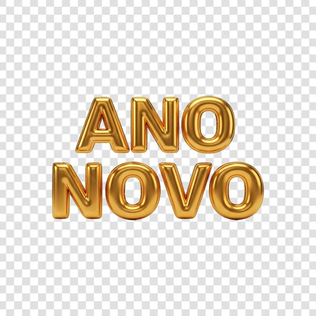 Texto 3D Ano Novo dourado metálico festivo PNG com fundo transparente