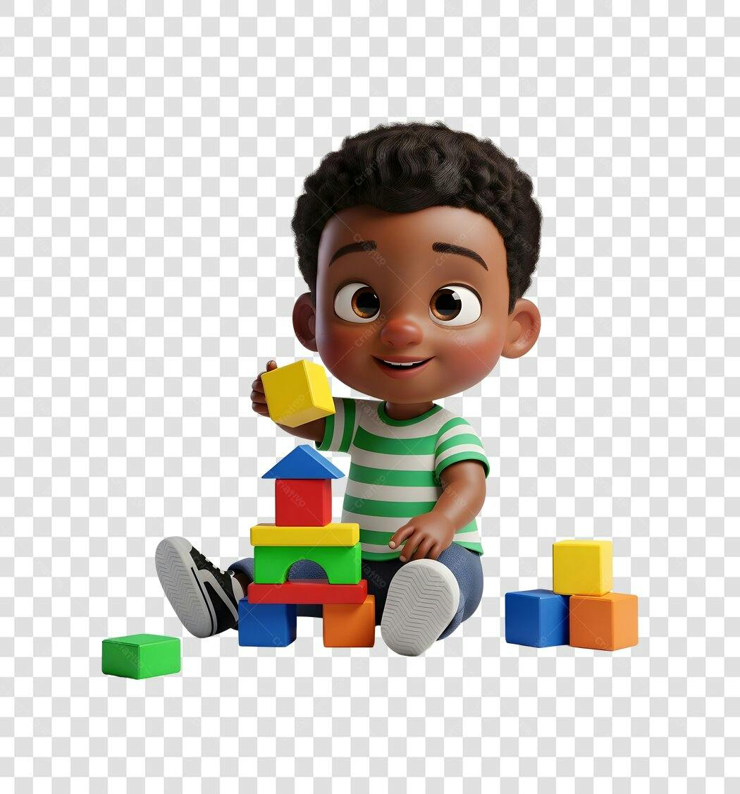 Personagem 3D menino negro brincando blocos coloridos aprendizado PNG com fundo transparente