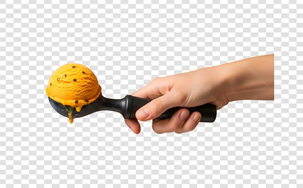 Elemento Colher de Sorvete Amarelo Maracujá Derretendo Mão PNG com fundo transparente