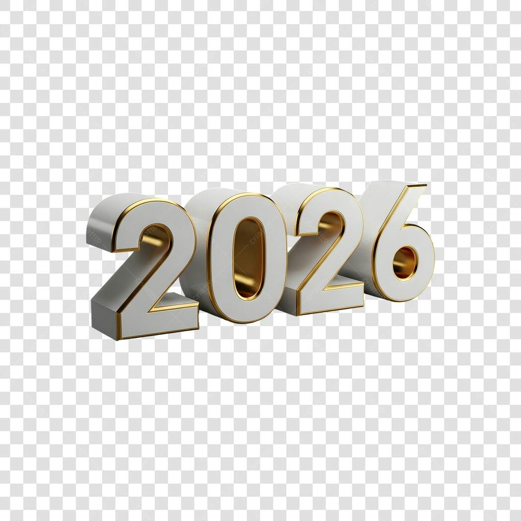 Elemento 3D Ano 2026 branco e dourado PNG com fundo transparente